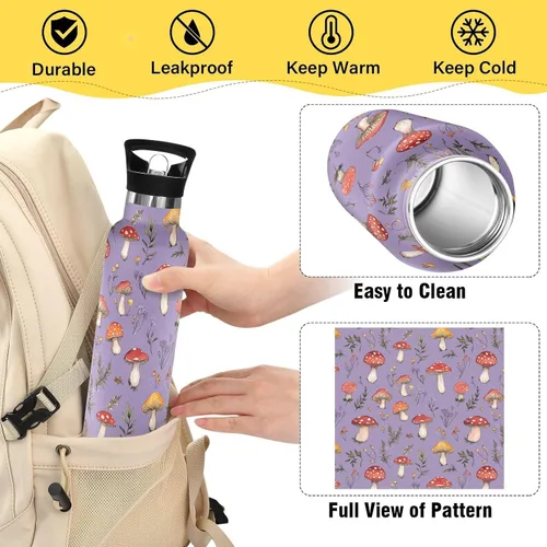Miniatura 4 de Red Mushrooms Termitomyces Albuminosus Purple Double Wall Vacuum Insulated Bottles Water Bottles With Straws Leak-proof BPA-Free Leak Proof for Gym