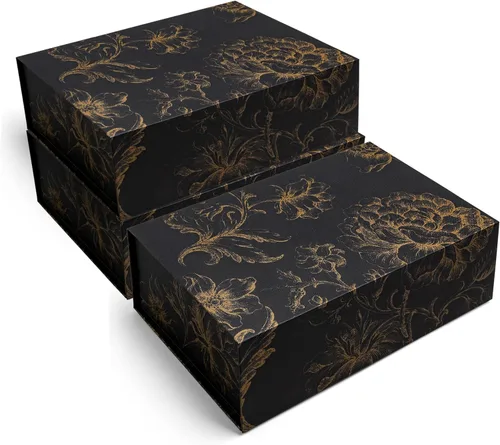 Caja de regalo de recuerdo de lujo, paquete de 3 cajas decorativas florales de color negro dorado con tapas magnéticas para regalos, caja de Ramo