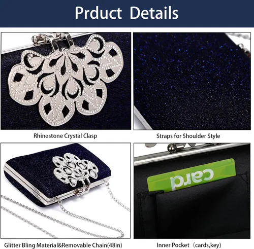 Miniatura 2 de Bolso de mano de noche para mujer, bolso de noche con cristales brillantes de diamantes de imitación, bolso de hombro, bolso formal para fiesta