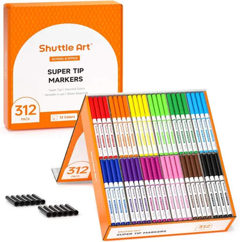 Shuttle Art Paquete de 312 marcadores lavables Super Tips, 12 colores surtidos marcadores grandes de punta cónica a granel con una caja, tapas