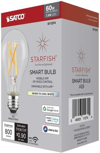 Miniatura 7 de Satco S11274 Starfish WiFi-Control A19 Bombilla LED inteligente blanca sintonizable, 7.5 vatios, 2200K-5000K