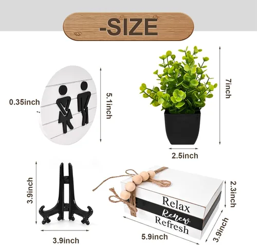 Miniatura 6 de Decoración de Estante de Baño Letreros Modernos y Divertidos para Decoración de Baño, Letreros Redondos 3D de Shiplap y Pila de Libros con 1 Planta
