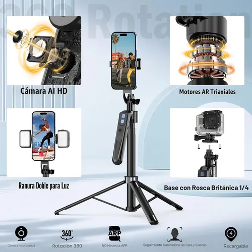 Miniatura 3 de Trípode de seguimiento facial automático con rotación de 360 grados con soporte, soporte para trípode Android y iPhone con control remoto y gestos