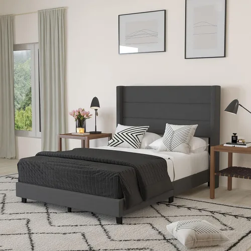 Miniatura 16 de Merrick Lane Percy - Cama de plataforma moderna, lino sintético beige, tamaño Queen, cabecero acolchado con respaldo con alas cosidas de canal