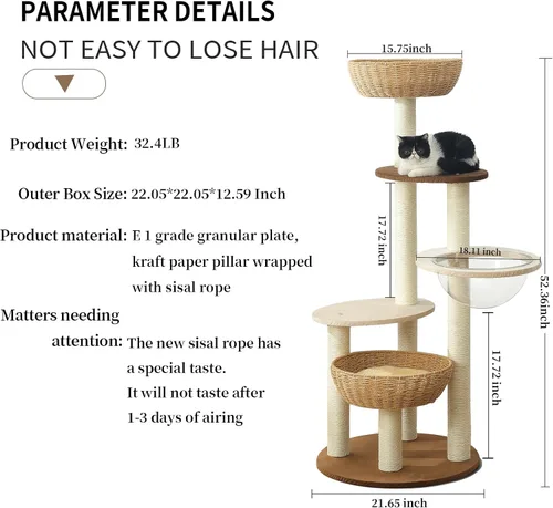 Miniatura 6 de Torre moderna para gatos grandes, condominio de lujo de sisal natural real, torre de madera tejida a mano para gatos, árbol rascador para gatos
