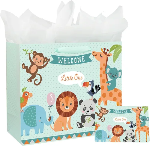 Laidans Bolsa de regalo grande de 13" para bebé niño o niña para baby shower con papel de seda y tarjeta de felicitación (Azul)