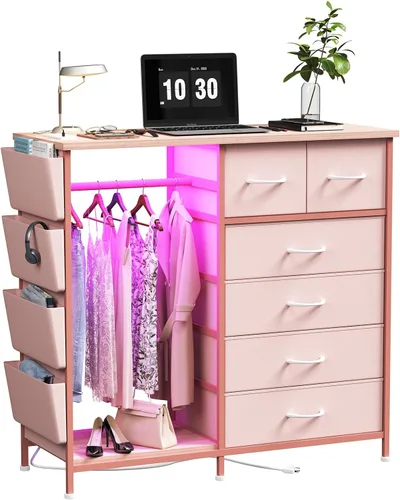 Miniatura 9 de Cómoda de 6 cajones para dormitorio con perchero, cómoda con bolsillos laterales y ganchos, estación de carga y luces LED, parte superior de madera
