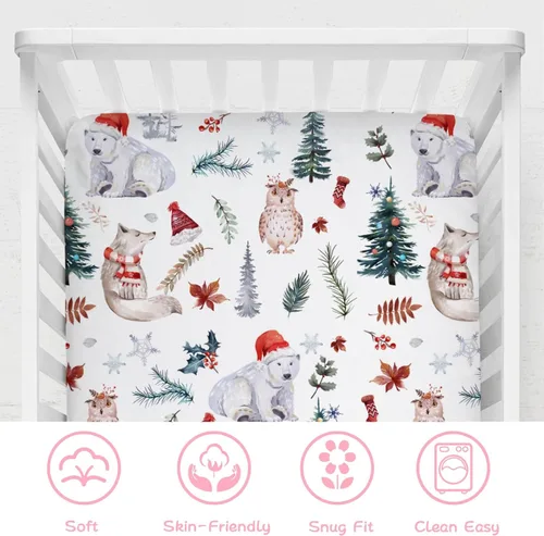 Miniatura 5 de Sábana bajera ajustable para cuna de bebé, diseño de animales del bosque, 52 x 28 pulgadas, diseño de animales de Navidad, oso, zorro, búho, hojas
