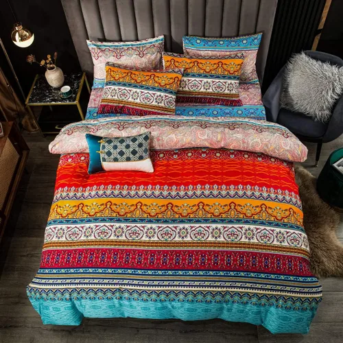 Miniatura 2 de Juego de funda de edredón bohemio, tamaño individual, colorido, floral, bohemio, a rayas, juego de ropa de cama ultra suave, funda de edredón Rojo