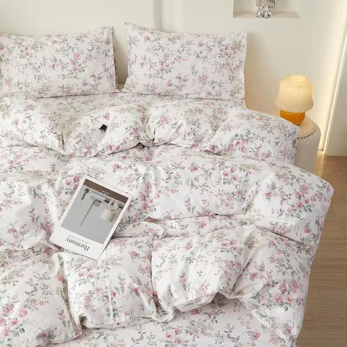 Miniatura 47 de Juego de funda de edredón blanca con estampado floral azul, juego de ropa de cama de algodón suave estilo bohemio, juego de ropa de cama estética