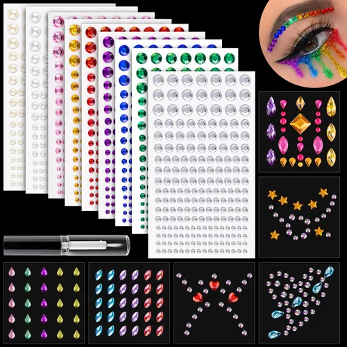 Juego de 15 hojas de diamantes de imitación para la cara y calcomanías de perlas, 4 con 9 colores, gemas autoadhesivas de forma mixta, con pegamento