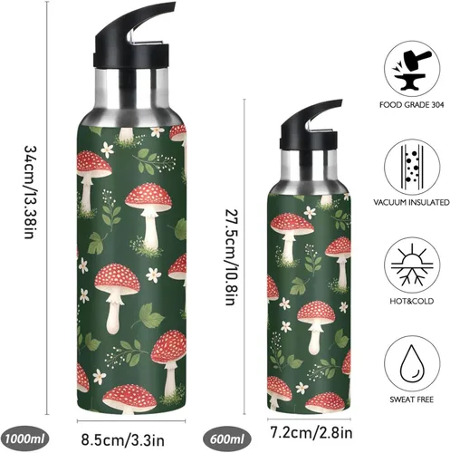 Miniatura 2 de Cute Red Mushrooms Green Stainless Steel Water Bottle 20 Oz Leakproof Water Bottles, BPA-Free Sports Water Bottle with Straw
