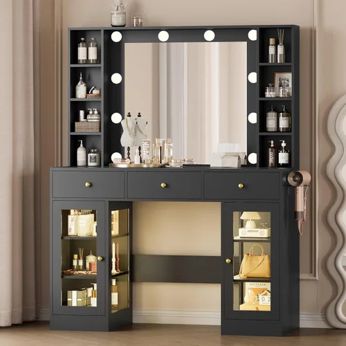 Miniatura 15 de Wodeer Pequeño escritorio de maquillaje con espejo y luces, tocador con armario de cristal, luces LED y toma de corriente, cajón y gabinetes