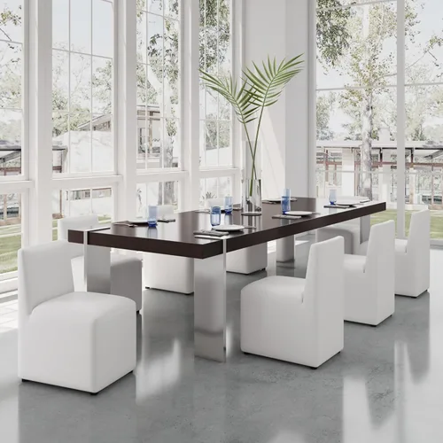 Miniatura 3 de Manhattan Comfort Anna - Silla de comedor moderna cuadrada con tapicería de piel sintética de pies a cabeza y acolchado de plástico para pies, Crema