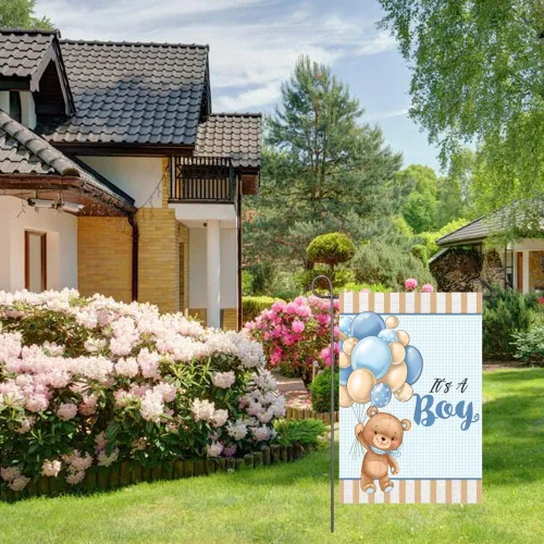 Miniatura 8 de Bandera de jardín con texto en inglés "It's A Boy" de 12 x 18 pulgadas, globos de oso de peluche de doble cara, bandera de jardín para bebé, baby