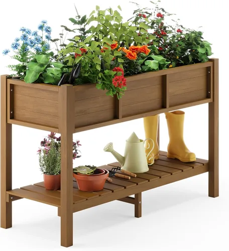 Miniatura 8 de LUE BONA Cama de jardín elevada con herramientas, 45 x 18 x 29 pulgadas, jardinera elevada de polietileno con patas y estante de almacenamiento