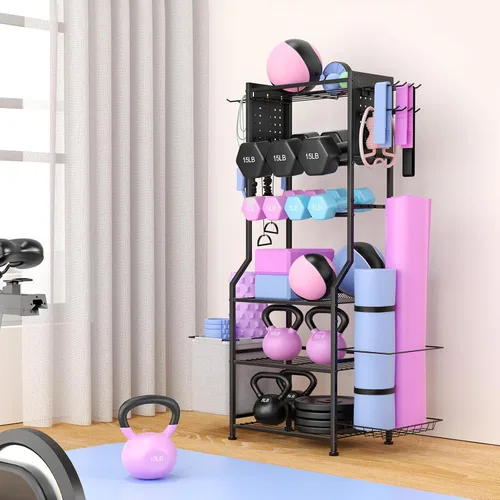 Miniatura 2 de Estante para mancuernas, almacenamiento de gimnasio en casa para pesas rusas, esterilla de yoga y equipo de entrenamiento de fuerza, estante