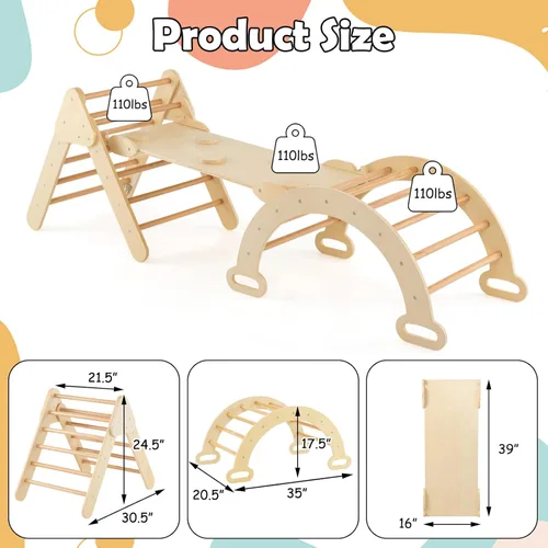 Miniatura 7 de Olakids Conjunto Triangular Pikler 7 en 1 Juguetes de Escalada para Niños Pequeños de 1 a 3 Años Interior Plegable de Madera Montessori Gimnasio