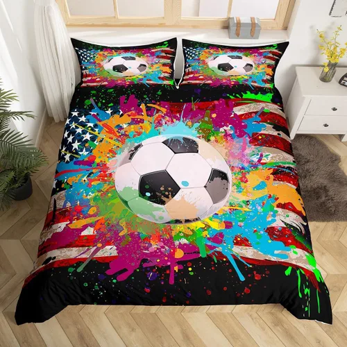 Miniatura 7 de Feelyou Juego de ropa de cama de fútbol, funda de edredón marrón para niños y niñas, juego de pelota de fútbol, juego de competición deportiva