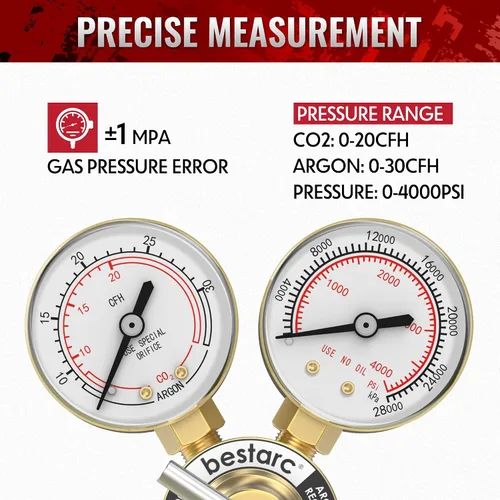 Miniatura 4 de bestarc Medidores de regulador de CO2 de argón Soldadura de gas con manguera de gas de 9.8 pies, conexión de entrada CGA580, presión de entrada