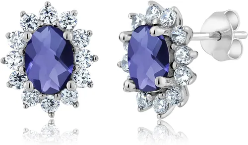 Miniatura 238 de Gem Stone King Aretes ovalados de plata de ley 925 de 0.276 x 0.197 in con piedra natal de la princesa Diana, estilo halo real para mujeres