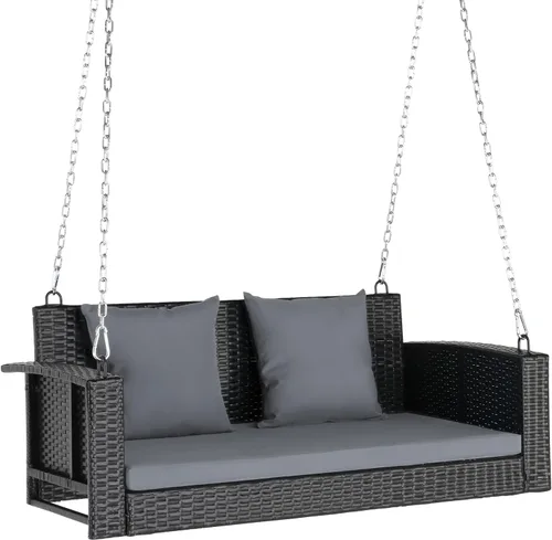 Miniatura 10 de VINGLI Columpio de ratán para porche, asiento colgante de 800 libras para exteriores con cojín adicional y cadena ajustable, el asiento de columpio