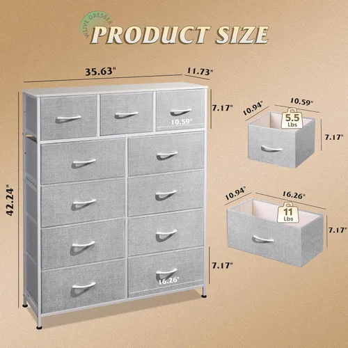 Miniatura 3 de WLIVE Cómoda alta para dormitorio, torre de almacenamiento de aparadores de tela, cómoda y cómoda con 11 cajones, armario de almacenamiento, Gris