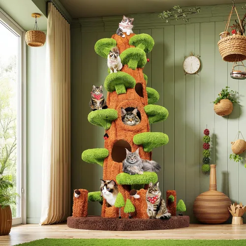 Miniatura 2 de NUNU LAB Árbol para gatos de 90.5 pulgadas de alto – Torre grande de árbol mágico para gatos con postes rascadores de sisal, escondite lateral