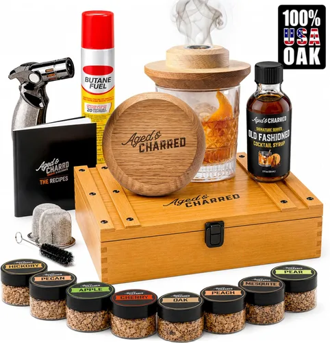 Kit Ahumador de Cócteles de Whisky con Soplete, Jarabe Old Fashioned y Virutas de Madera de 8 Sabores - Ahumador Premium de Roble de EE.UU. - Kit