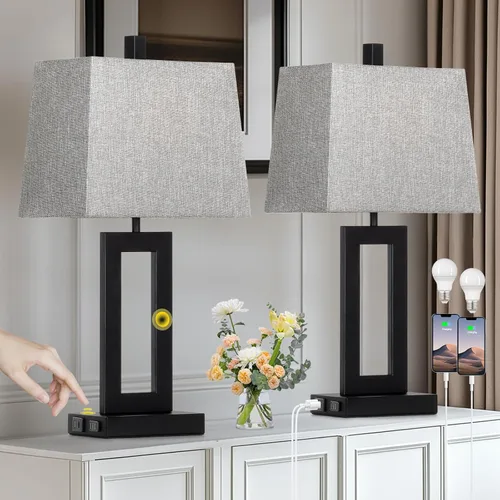 Miniatura 10 de Cinkeda Juego de 2 lámparas de mesa con puertos USB C+A y salida de CA, lámparas de noche, lámparas modernas para dormitorio, lámparas negras