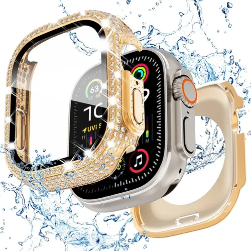 Miniatura 21 de Funda delantera y trasera, 2 en 1, brillante, impermeable, 360°, de policarbonato y protector de pantalla de vidrio para iWatch 8 y 7 de 41 mm, Negro