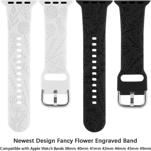 Miniatura 4 de Correa de silicona grabada con flores compatible con correas de Apple Watch de 1.496 pulgadas, 1.575 pulgadas, 1.614 pulgadas, bonita correa Negro