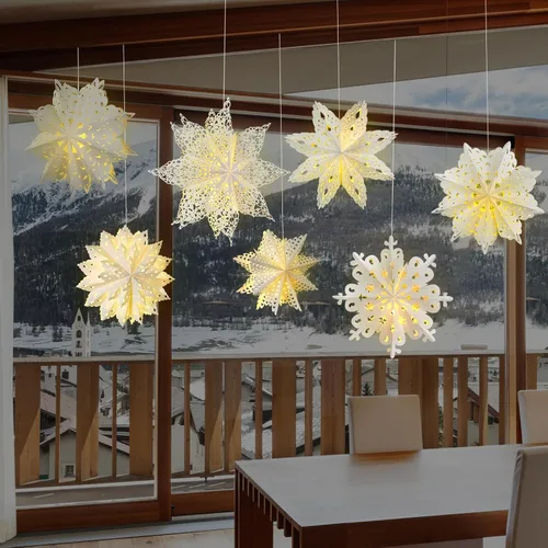 Miniatura 5 de Mudder 10 piezas de linterna de papel copo de nieve, linterna de papel estrella con 14 luces LED, lámpara de papel, decoración colgante de fiesta
