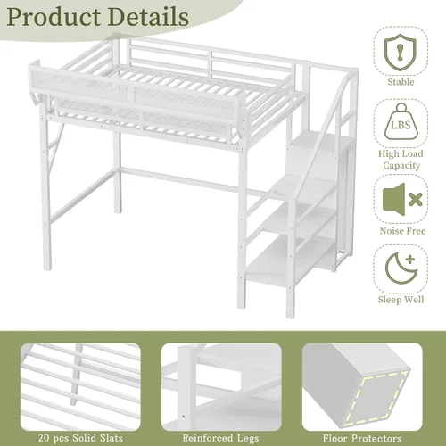 Miniatura 7 de Mirightone - Cama alta tamaño individual con escaleras y almacenamiento, base de cama de metal, estante de noche y gran espacio debajo, resistentes