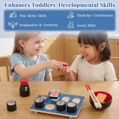 Miniatura 6 de Juego de comida para cortar sushi, juguetes de cocina de madera para niños de 3 años en adelante, juguete de aprendizaje de sushi para niñas y niños