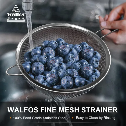 Miniatura 6 de Walfos Colador grande de malla fina de 9.35 pulgadas, tamiz de malla de acero inoxidable 30 con mango resistente, coladores de alimentos de cocina