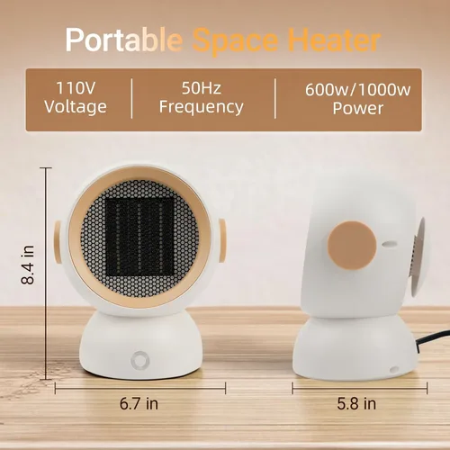Miniatura 7 de Calentador de espacio, calentadores eléctricos portátiles para habitación pequeña, para uso en interiores, dos velocidades, 1200 W, mini Blanco