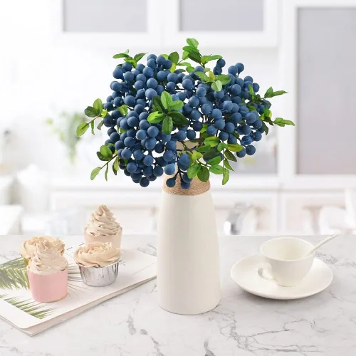 Miniatura 7 de Bayas artificiales, 4 piezas de arándanos artificiales con tallos de Navidad, frutas realistas, arándanos falsos, flores de simulación para el día