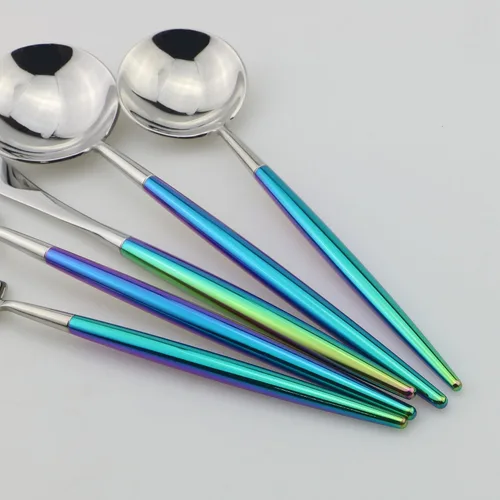 Miniatura 4 de Juego de cubiertos Coloful Rainbow Handle Silver de 5 piezas, espejo de acero inoxidable 18/10, servicio para 1 plateado