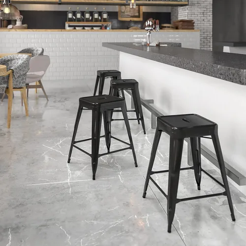 Miniatura 2 de Taburete de 24 pulgadas de alto para interior y exterior con asiento cuadrado., Metal, Negro