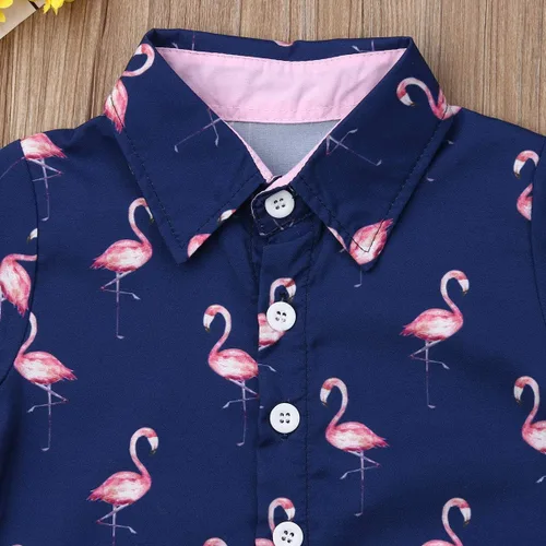 Miniatura 4 de Conjunto de camisa de manga corta con botones y pantalones cortos casuales con diseño de flamingo, para bebés y niños de 1 a 6 años, atuendos