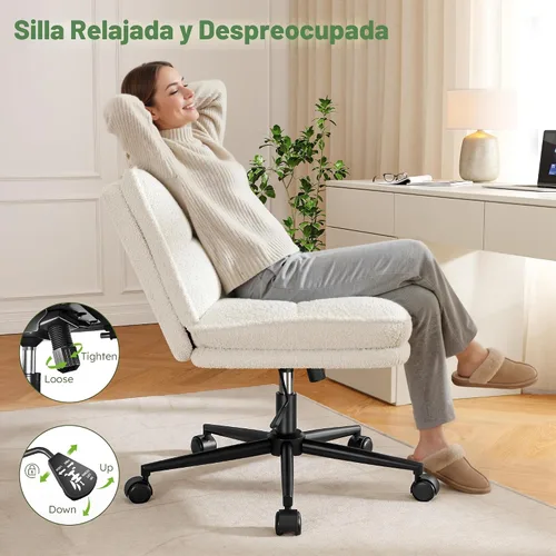Miniatura 4 de DurayLoly Silla cruzada sin brazos con asiento de 27.6 pulgadas de ancho para sentarse con patas cruzadas, silla de escritorio reclinable de forro