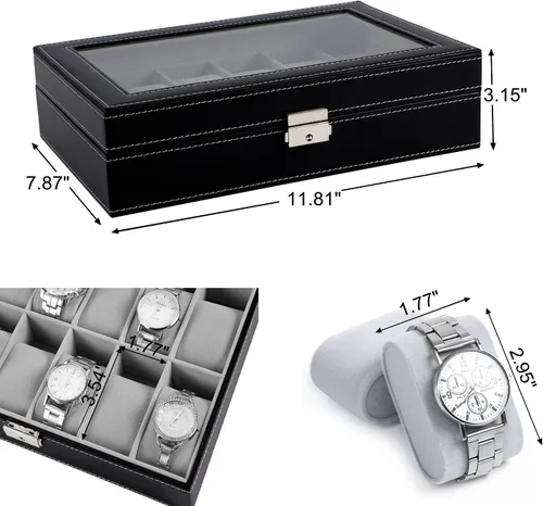 Miniatura 6 de Caja de reloj con 12 ranuras para reloj, organizador con parte superior de cristal, caja de almacenamiento de reloj negra para hombres y mujeres