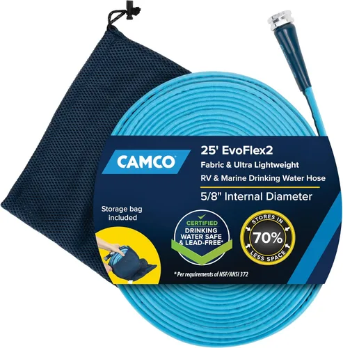 Camco EvoFlex2 - Manguera de agua potable de 25 pies, manguera de agua potable para caravana reforzada con tela y ultraligera, no contiene plomo,