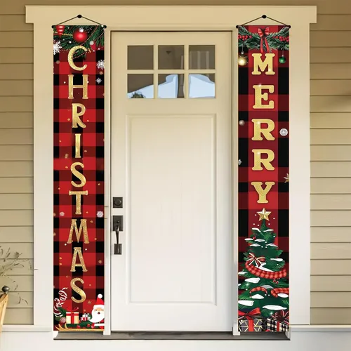 Miniatura 8 de BlissYard Pancartas de Porche Feliz Navidad de 12x71 Pulgadas Decoraciones de Puerta de Papá Noel y Muñeco de Nieve Fondo Rojo Pancarta Colgante