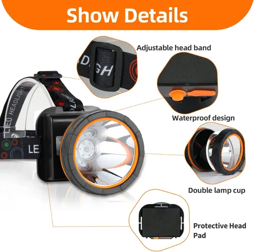 Miniatura 6 de Superbright - Linterna frontal LED recargable, luz de campamento de alta potencia, 2 modos, impermeable, ajustable, cabeza dorada, lámpara