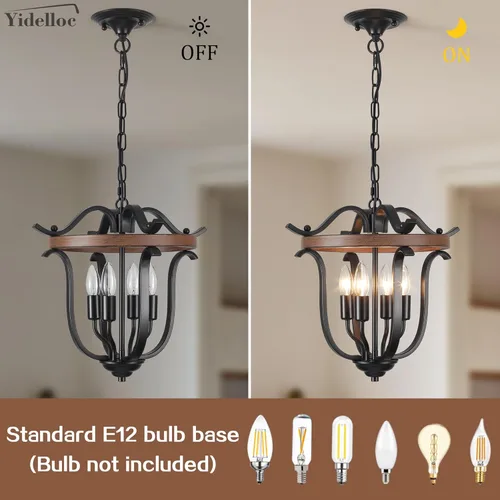 Miniatura 6 de Candelabro Negro de Granja de 4 Luces, Candelabros de Jaula Vintage Base E12 Accesorios de Iluminación de Techo Montaje Semi Empotrado Lámpara