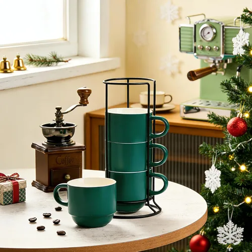 Miniatura 3 de YHOSSEUN Tazas de café apilables, juego de 4 tazas de café con estante y cucharas, juego de tazas de té de 11 onzas para bebidas espresso, capuchino