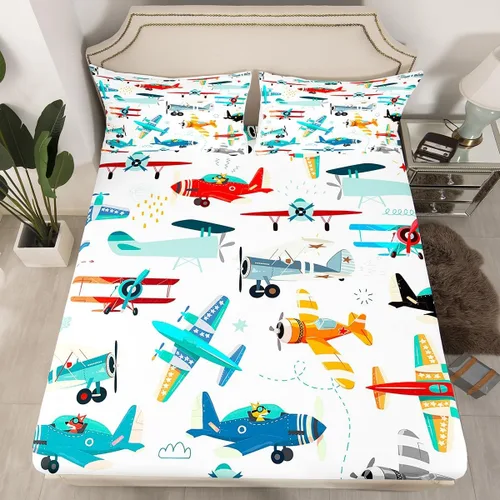 Erosebridal Juego de sábanas de avión para niños, tamaño individual, color amarillo, rojo, verde azulado, con estampado de aviones de dibujos