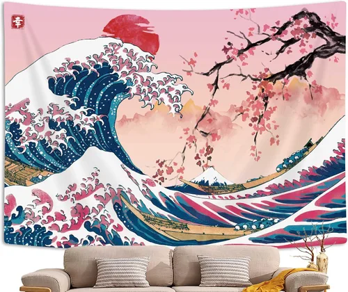 Miniatura 10 de MERCHR Tapiz de pared de flor de cerezo con sol rosa y rojo, olas del océano y escena de montaña, diseño de anime asiático para dormitorio, 60 x 40